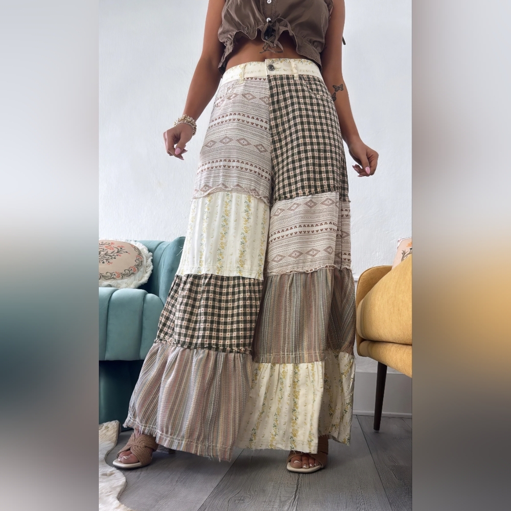 POL Brown & Cream Oakley Boho Patchwork Wide Leg Pants - Picture 6 of 9